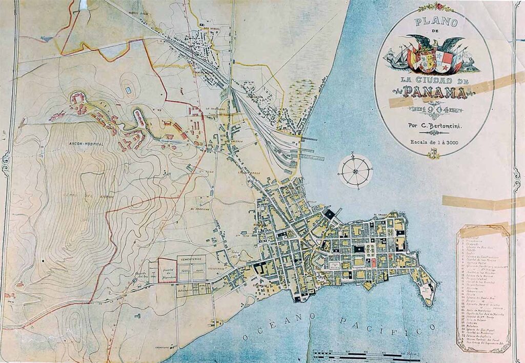 Este mapa elaborado por C. Bertoncini muestra la ciudad poco después de la separación de Colombia y antes de la construcción del Canal de Panamá.