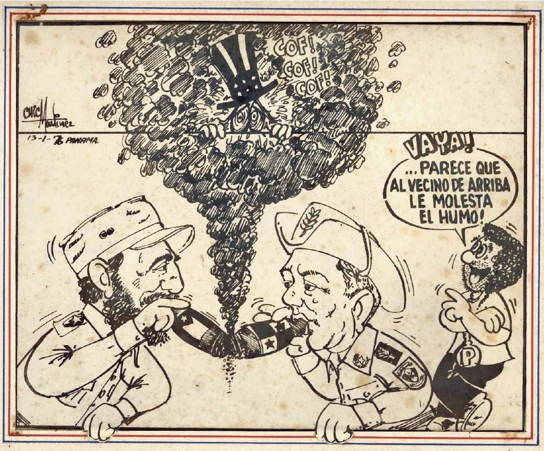 Caricatura de Fidel Castro, primer ministro cubano, y Torrijos fumando puros juntos e incomodando a los Estados Unidos. Autor: Carlos «Chic» Martínez. 13 de enero de 1976. Fuente: Colección Museo del Canal. 