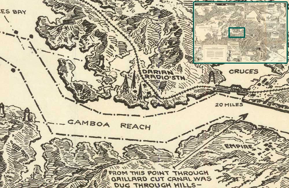 Detalle de un mapa de la Zona del Canal en 1925 en donde se observan las torres e instalaciones pertenecientes a la estación de radio Darién. Autor: Charles Owen, 1925, Los Angeles Times.